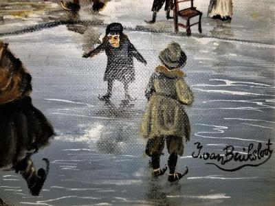 J Van Buiksloot Dutch Ice Skating Oil on Canvas by Van Buiksloot