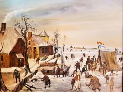 J Van Buiksloot Dutch Ice Skating Oil on Canvas by Van Buiksloot