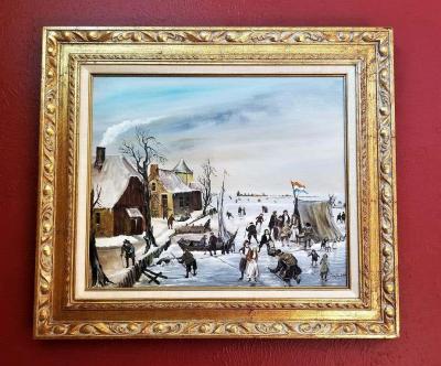J Van Buiksloot Dutch Ice Skating Oil on Canvas by Van Buiksloot