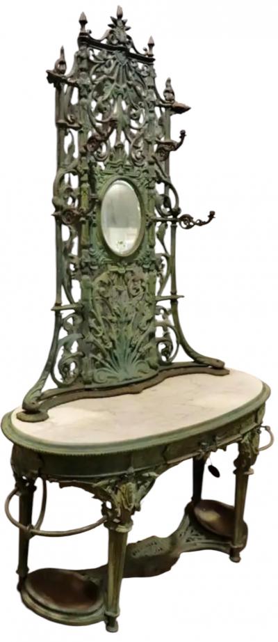 J W Fiske Foundry Fiske GORGEOUS ART NOUVEAU PATINATED CAST IRON MARBLE HALL TREE WITH OVAL MIRROR
