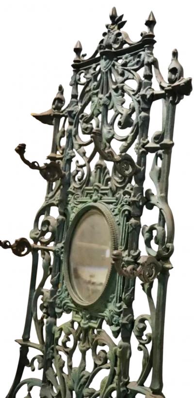 J W Fiske Foundry Fiske GORGEOUS ART NOUVEAU PATINATED CAST IRON MARBLE HALL TREE WITH OVAL MIRROR