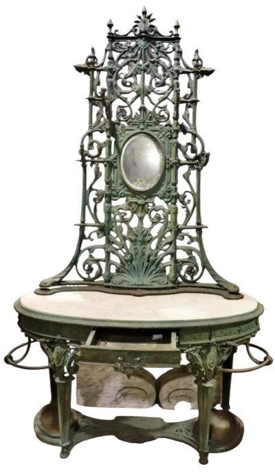 J W Fiske Foundry Fiske GORGEOUS ART NOUVEAU PATINATED CAST IRON MARBLE HALL TREE WITH OVAL MIRROR