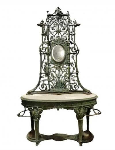 J W Fiske Foundry Fiske GORGEOUS ART NOUVEAU PATINATED CAST IRON MARBLE HALL TREE WITH OVAL MIRROR