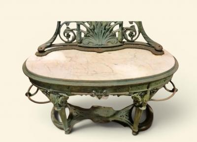J W Fiske Foundry Fiske GORGEOUS ART NOUVEAU PATINATED CAST IRON MARBLE HALL TREE WITH OVAL MIRROR