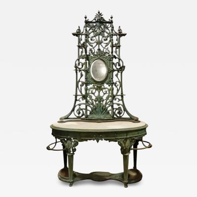 J W Fiske Foundry Fiske GORGEOUS ART NOUVEAU PATINATED CAST IRON MARBLE HALL TREE WITH OVAL MIRROR