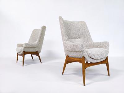 J lia Gaubek Pair of Mid Century Modern Armchairs by Julia Gaubek in Beige Boucle