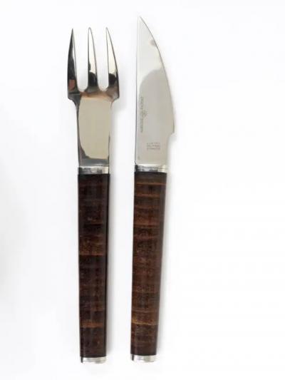 J nos Megyik J nos Megyik Snack Set Knife Fork Wood Board Amboss Austria 1970s