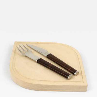 J nos Megyik J nos Megyik Snack Set Knife Fork Wood Board Amboss Austria 1970s