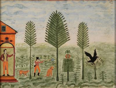 JOHANNES BARD Landscape with Brick Building Hunter Dogs and Bird