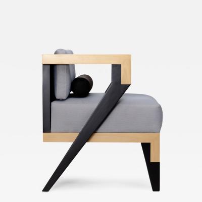 JORGE ELIZONDO Mid Century Modern Style Minimal Solid Wood Armchair Upholstered in Textile