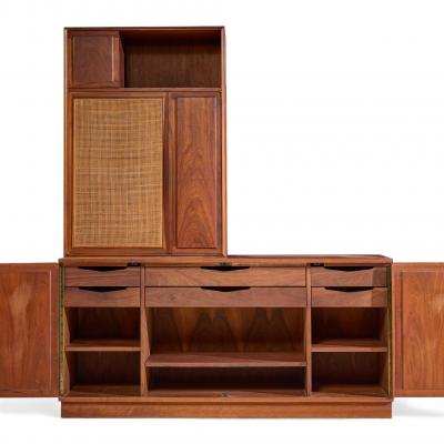 Jack Cartwright Jack Cartwright for Founders Mid Century Walnut and Cane Credenza and Hutch