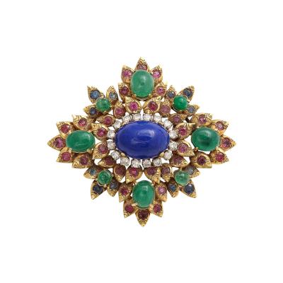 Jack Gutschneider Jack Gutschneider Brooch in 18Karat Gold W Lapis Diamonds Emeralds Rubies