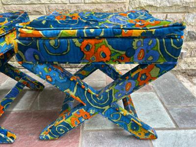 Jack Lenor Larsen Stunning Pair Jack Lenor Larsen Parson style Ottoman Stool Mid Century