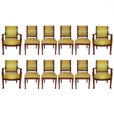 Jacob Freres Important Set of 12 French Empire Mahogany Dining Chairs Jacob Freres