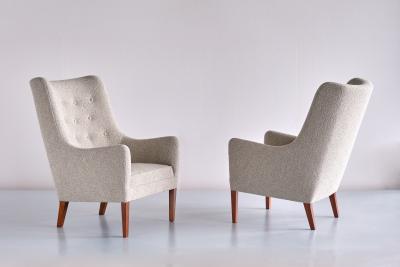 Jacob Kj r Jacob Kjaer Pair of Jacob Kj r High Back Armchairs in Boucl and Mahogany Denmark 1940s