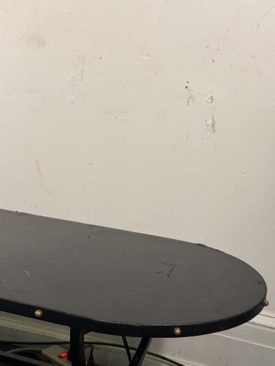 Jacques Adnet 1940s BLACK LEATHER BRASS STUDDED EDGE OBLONG COFFEE TABLE WITH BLACK IRON BASE