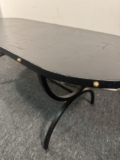 Jacques Adnet 1940s BLACK LEATHER BRASS STUDDED EDGE OBLONG COFFEE TABLE WITH BLACK IRON BASE