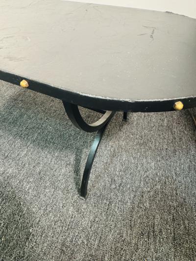 Jacques Adnet 1940s BLACK LEATHER BRASS STUDDED EDGE OBLONG COFFEE TABLE WITH BLACK IRON BASE