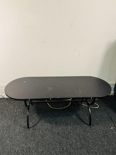 Jacques Adnet 1940s BLACK LEATHER BRASS STUDDED EDGE OBLONG COFFEE TABLE WITH BLACK IRON BASE
