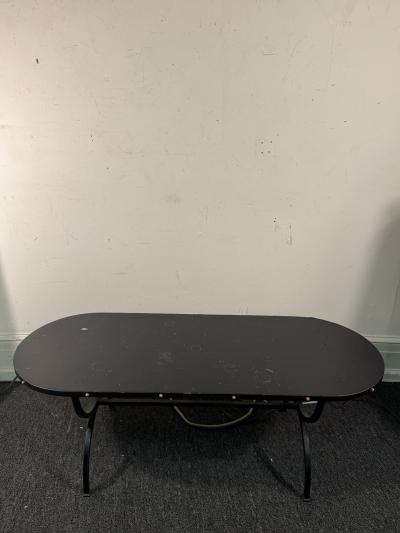 Jacques Adnet 1940s BLACK LEATHER BRASS STUDDED EDGE OBLONG COFFEE TABLE WITH BLACK IRON BASE