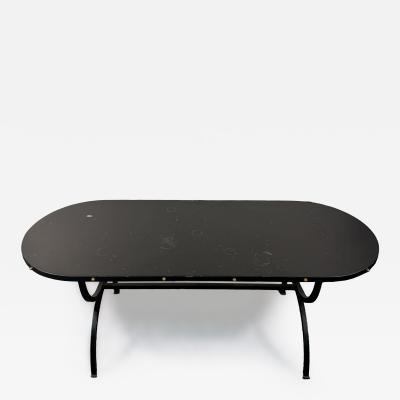 Jacques Adnet 1940s BLACK LEATHER BRASS STUDDED EDGE OBLONG COFFEE TABLE WITH BLACK IRON BASE
