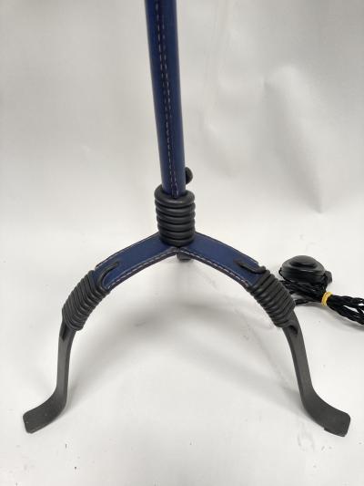 Jacques Adnet 1950s Blue and black Stitched leather floor lamp By Jacques Adnet