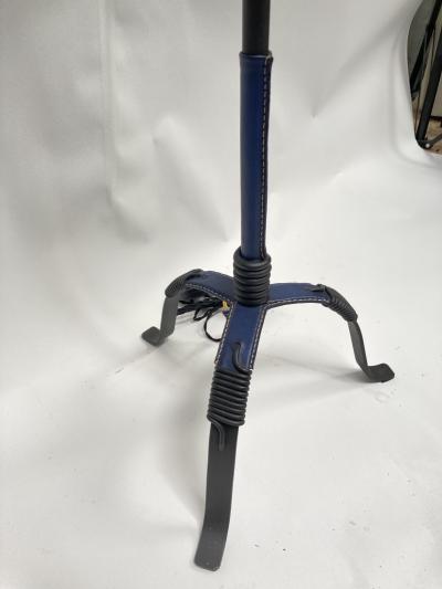 Jacques Adnet 1950s Blue and black Stitched leather floor lamp By Jacques Adnet