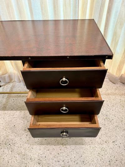 Jacques Adnet 1950s Dark Brown Stitched Leather Desk by Jacques Adnet