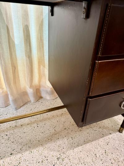 Jacques Adnet 1950s Dark Brown Stitched Leather Desk by Jacques Adnet