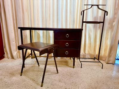 Jacques Adnet 1950s Dark Brown Stitched Leather Desk by Jacques Adnet