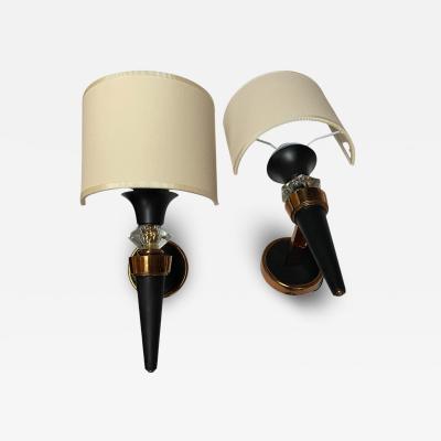 Jacques Adnet 1950s Leather copper and glass sconces in the style of Jacques Adnet