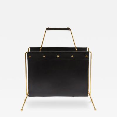Jacques Adnet 1950s Mid Century Leather and Brass Adnet Style Magazine Stand