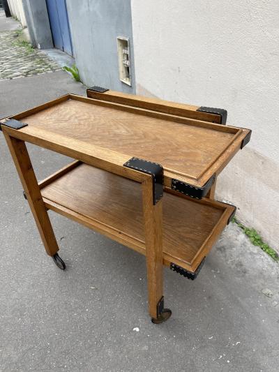 Jacques Adnet 1950s Oak and stitched leather bar cart by Jacques Adnet