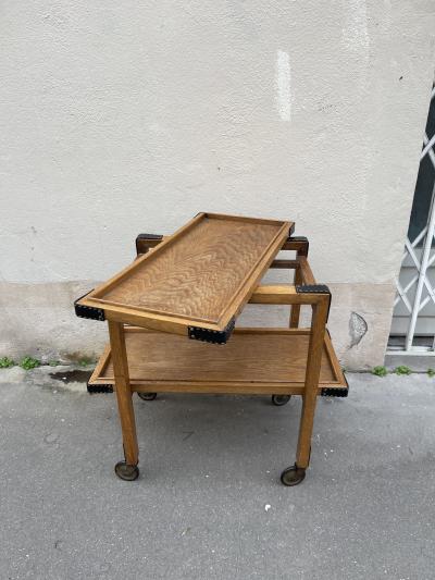 Jacques Adnet 1950s Oak and stitched leather bar cart by Jacques Adnet