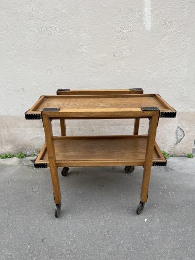 Jacques Adnet 1950s Oak and stitched leather bar cart by Jacques Adnet