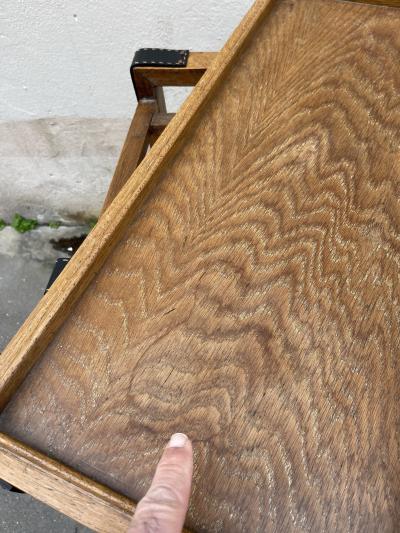 Jacques Adnet 1950s Oak and stitched leather bar cart by Jacques Adnet