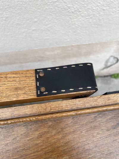 Jacques Adnet 1950s Oak and stitched leather bar cart by Jacques Adnet