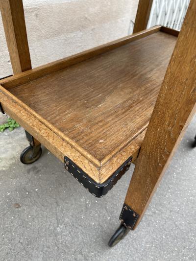 Jacques Adnet 1950s Oak and stitched leather bar cart by Jacques Adnet