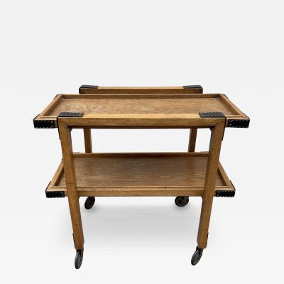 Jacques Adnet 1950s Oak and stitched leather bar cart by Jacques Adnet