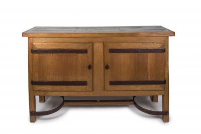 Jacques Adnet 1950s Oak and stitched leather sideboard by Jacques Adnet