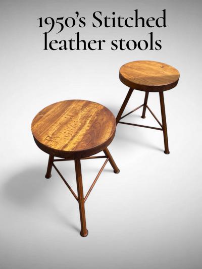Jacques Adnet 1950s Pair of Stitched leather stools by Jacques Adnet