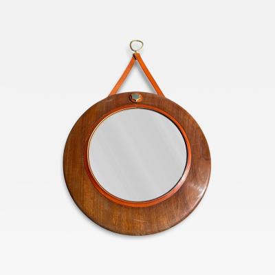 Jacques Adnet 1950s Pear wood and leather witch mirror by Jacques Adnet