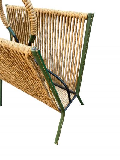Jacques Adnet 1950s STitched leather and rope magazine rack by Jacques Adnet