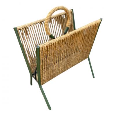 Jacques Adnet 1950s STitched leather and rope magazine rack by Jacques Adnet
