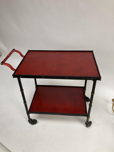 Jacques Adnet 1950s Stitched Leather Bar cart By Jacques Adnet