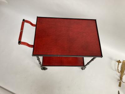 Jacques Adnet 1950s Stitched Leather Bar cart By Jacques Adnet