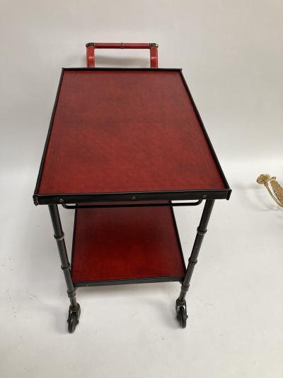 Jacques Adnet 1950s Stitched Leather Bar cart By Jacques Adnet