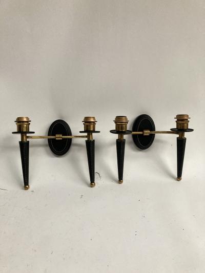Jacques Adnet 1950s Stitched Leather Sconces By Jacques Adnet