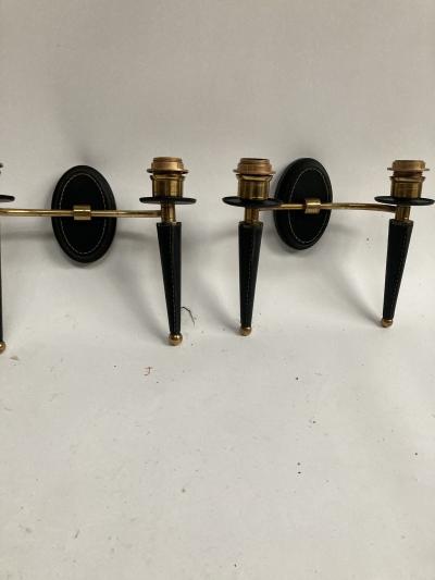 Jacques Adnet 1950s Stitched Leather Sconces By Jacques Adnet