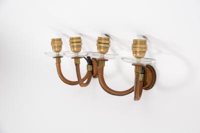 Jacques Adnet 1950s Stitched Leather Sconces by Jacques Adnet